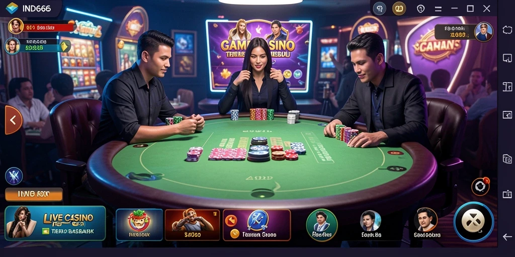 Screenshot gameplay <strong>IND666</strong> menampilkan interaksi langsung dengan dealer dan pemain lain.
