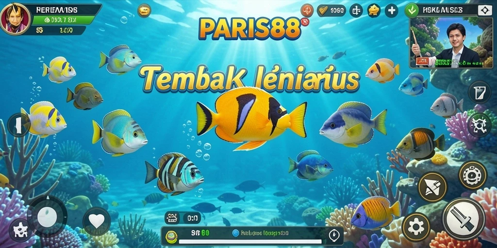 Tampilan gameplay seru dalam PARIS88 saat menembak ikan berwarna-warni.